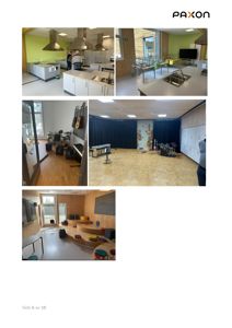 Fotografier av innvendige rom i en bygning, sannsynligvis en skole eller barnehage, som viser kjøkken, musikkrom og et aktivitetshorn.