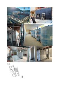 Et sammensatt bilde (collage) som viser flere faser av en byggeplass, inkludert grunnarbeider, fasadebehandling og installasjoner av store tanker. Bildet inneholder også en liten romplan nederst.