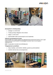 Fotografier av interiør i et svømmehall- og kaféanlegg, inkludert kiosk, inngang og spisestue.