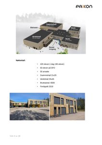 Bildet viser en 3D-modell av et skole- og svømmehallkompleks med nøkkeltall, samt to foton under som viser den ferdige bygningen.