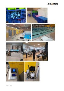 En samling fotografier som viser innvendige områder i et svømmebasseng og tilhørende lokaler, inkludert basseng, dusjrom, serveringsområde og utstyr.