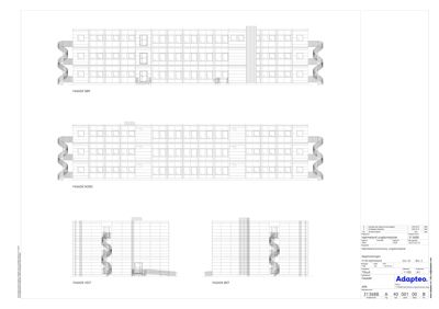 Fasadetegning som viser bygningens utseende fra fire sider: Sør, Nord, Vest og Øst.