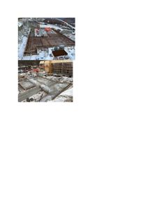 Fotografier av et byggeplass i gang, som viser fundamentarbeider og en del av fasaden på et eksisterende bygg.