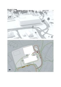 Bildet viser en situasjonsplan (Alternativ 2 - H-bygg) som illustrerer to perspektiver: øverst et 3D-utsnitt av bygningens plassering i terrenget, og nederst en topografisk plan med detaljer om veier, stier og bygningsfotavtrykk.