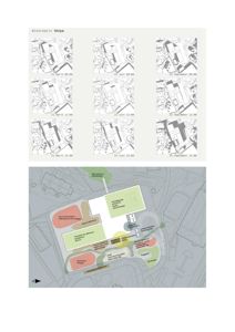 Bildet viser en situasjonsplan (site_plan) for et byggeprosjekt. Den nedre delen viser bygningens plassering i forhold til terrenget, veier og omgivende arealer. Den øvre delen viser solforhold (solasanalyse) for ulike tidspunkter på året.