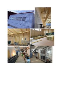 En collage bestående av seks fotografier som viser ulike faser i et byggprosjekt, inkludert fasadebeleggning, innvendig konstruksjon med bjelker, og installasjon av teknisk utstyr.