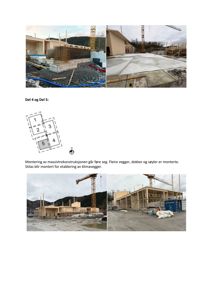 Bildet viser en samling av ferdigfotografier fra et byggprosjekt i gang, inkludert et skissekart over del 4 og 5.