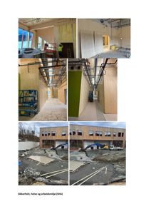 Et collage av flere fotografier som viser ulike faser i et byggprosjekt, inkludert innvendig arbeid med panelvegger og utvendige arbeider med graving foran en ferdig fasade.