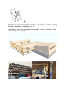 Et sammensatt bilde (collage) som viser en byggeplass med etasjeplan, en 3D-rendering av bygningen, og to foton av bygget i ulike faser.