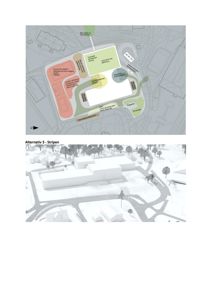 Bildet viser to alternativer for et byggeprosjekt. Øverste del er en situasjonsplan med fargekodet arealbruk (f.eks. boliger, skole, park), mens nederste del er en 3D-rendering av samme alternativ sett fra luften.