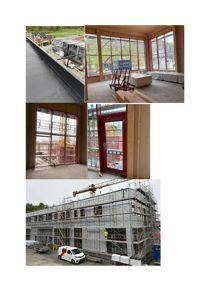Et collage av flere bilder som viser et bygg under oppføring, inkludert utsikt over taket, interiør med store vinduer og fasade sett fra bakken.