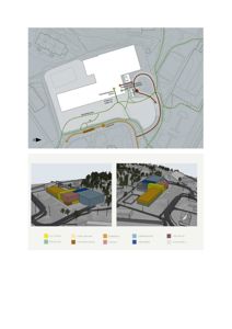 Bildet viser en situasjonsplan med tomt, bygning, veier og terrengkonturer, samt en 3D-visualisering av bygningen sett fra ulike vinkler.