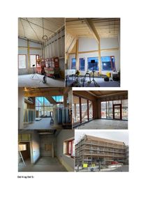 Et collage (sammensatt bilde) som viser flere bilder av en bygning under oppføring eller renovering. Bildene viser både interiør med eksponert takkonstruksjon og fasade med stålramme.