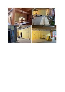 Et collage av fire fotografier som viser et bygg under oppføring eller renovering, med synlig isolasjon og takkonstruksjon.