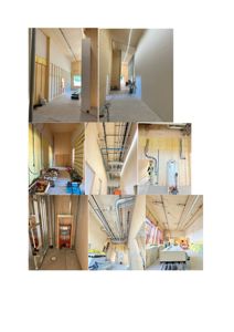 Fotografier av et bygg under oppføring, som viser romfordeling og tekniske installasjoner (rør og kabler) i en gang eller storhall.