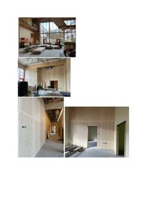 Fotografier av en bygning under oppføring eller renovering, som viser romfordeling og innvendige overflater.