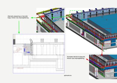 En teknisk detaljtegning som viser et komplekst knutepunkt for rør og heis, med 3D-modellering og en tilhørende 2D-snittplan.