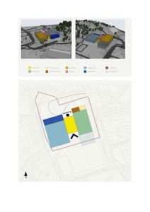 Bildet viser en situasjonsplan med to 3D-modeller av bygningene sett fra ulike vinkler, samt en 2D-plan som viser bygningenes plassering på tomten med fargekoding for ulike funksjoner (f.eks. 'FOLKELIV', 'SPESIALFAG', 'KJØKKEN').