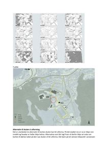 Bildet viser en situasjonsplan som illustrerer tre alternative ruter (P1, P2, P3) for en ferjeovergang til en skule. Det er også inkludert en mindre graf med tidsserier over solnedgang eller lysforhold.