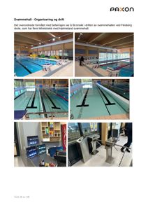 Fotografier av en svømmehall, inkludert basseng og inngangskontroll.