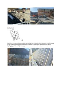 Et sammensatt bilde (collage) som viser flere faser av et byggprosjekt, inkludert graving, fasadeoppføring og takarbeider.