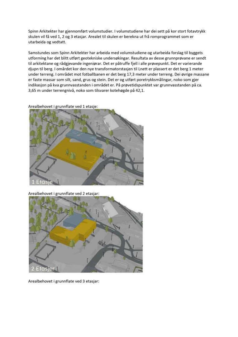3D-visualisering (rendering) som viser bygningens plassering i terrenget for 1. og 2. etasje, inkludert omgivelsene.