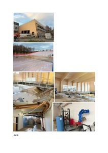 Et collage av flere foton som viser ulike faser av en byggesak, inkludert fasade under oppføring, takarbeider, og innvendige rom med installasjoner.