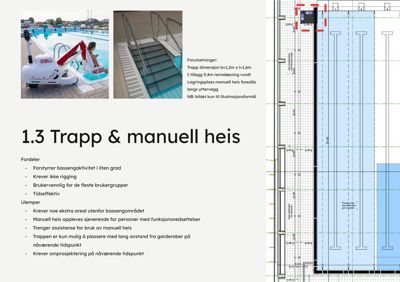 Bildet viser en presentasjonsside med to fotografier av en trapp og en heis ved et basseng, samt tekst om fordeler, ulemper og forutsetninger for trapp & manuell heis.
