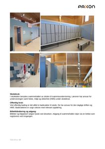 Fotografier av en svømmehall med skilting, dusjer og garderobe, samt tekst om bruksregler.