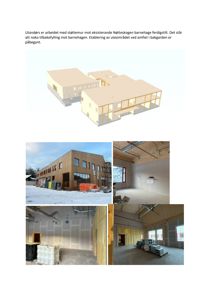 Et sammensatt bilde (collage) som viser en byggeplass for Nøtteskogen barnehage. Bildet inneholder en 3D-modell av bygningen, et utsnitt av fasaden under bygging, og flere innendørsfotografier som viser rom i ulike faser av utbyggingen.