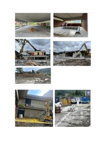 En samling fotografier som viser ulike stadier av en riving eller byggeplass, inkludert maskiner, nedriving av betong og utstyr.