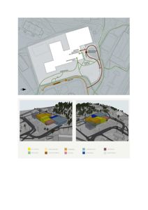 Bildet viser en situasjonsplan med bygningens plassering på tomten, omgivende terreng, veier og anlegg, samt to 3D-visualiseringer av bygningen sett fra ulike vinkler.