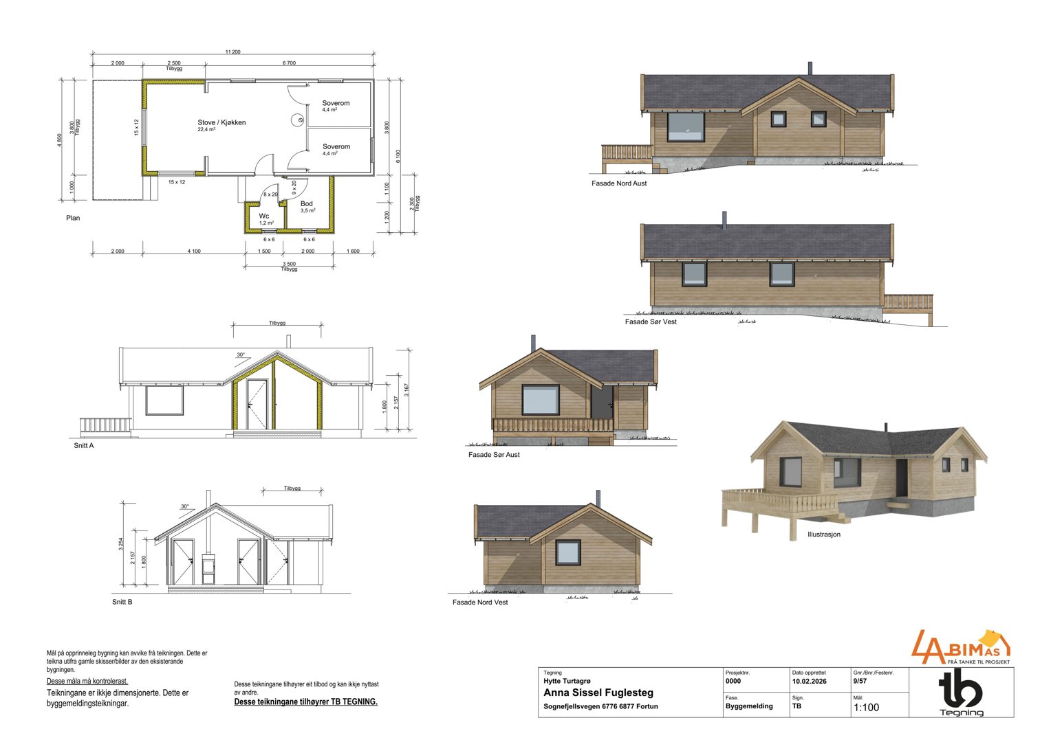 Bildet viser en samling tegninger av en bolig, inkludert etasjeplan (Plan), snittegninger (Snitt A og B), og flere fasadetegninger (Fasade Nord-Aust, -Vest, -Sør-Aust, -Sør-Vest) samt en illustrasjon. Det er også en teknisk tegning med opplysninger om byggesak.