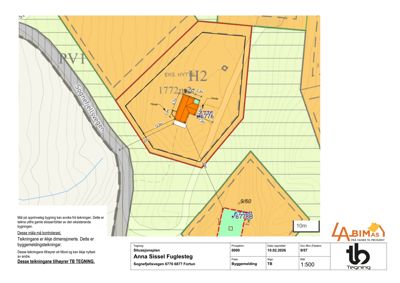 Situasjonsplan som viser tomtens form, grenser, eksisterende bygning (H2), og nabolagets topografi.