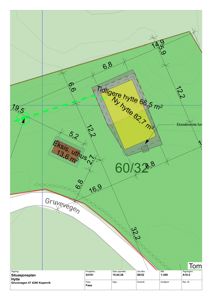 Situasjonsplan som viser tomtens grenser, eksisterende og ny planlagt hytte, samt veiforhold.