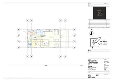 Etasjeplan for 1. etasje som viser romfordeling, arealer og orientering.