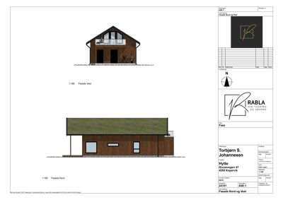 Fasadetegning som viser bygningens utseende fra nord og vest.