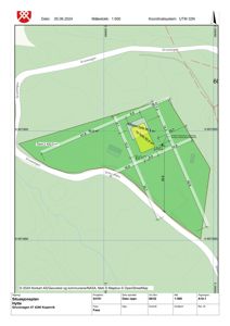 Situasjonsplan som viser tomtens grenser, nabolag, veier (Gruvevegen), høydemålerlinjer og arealoppdelinger.