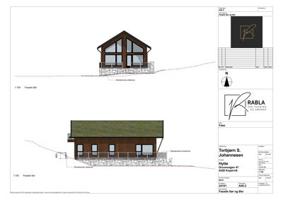 Fasadetegning som viser bygningens utseende sett fra øst og sør, inkludert detaljer om fundament og støtmurer.