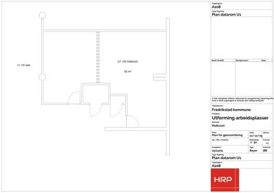 Etasjeplan (datarom) som viser romfordeling, dører og areal (55 m²).