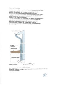 Tegning som viser et tverrsnitt av rørledning fra takrenne til husdrenskum, med merking av nivåer og komponenter.
