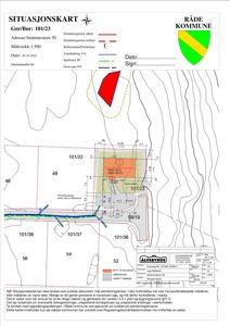 Situasjonskart som viser eiendomsgrenser, naboeiendommer, topografi og planlagt byggefelt.