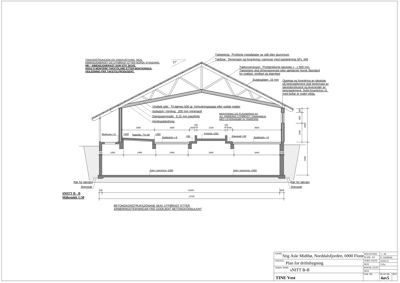 Snittegning (SNITT B-B) som viser tverrsnittet av en betongkonstruksjon med detaljer om takkonstruksjon, fundament og dimensjoner.