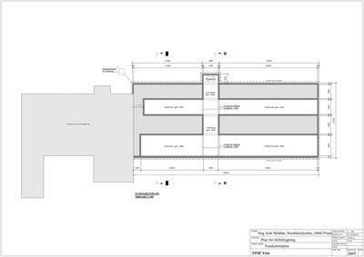 Fundamentplan som viser romfordeling, dimensjoner og grunnplan for en driftsbygning.