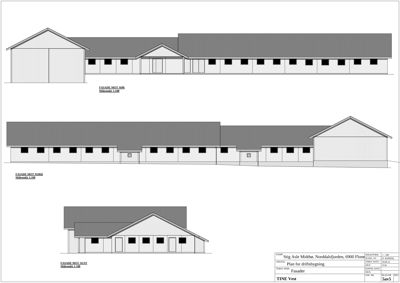 Fasadetegning som viser bygningens utseende fra tre ulike vinkler: mot sør, mot nord og mot øst.