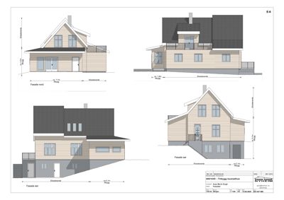 Fasadetegning som viser bygningens utsyn fra fire sider (nord, øst, sør og vest) med mål og detaljer.