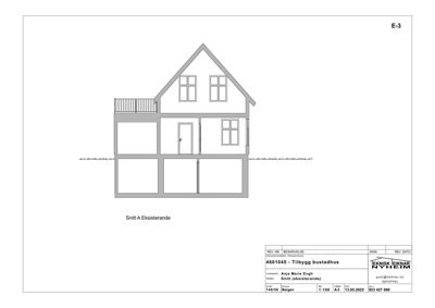 Snittegning (Snitt A Eksisterande) som viser bygningens tverrsnitt, høyder og romfordeling.