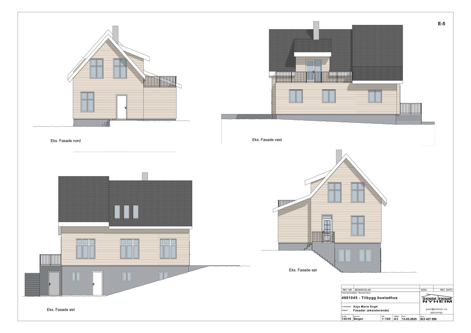 Fasadetegning som viser fire utsnitt av en bygning (nord, vest, øst og sør) med arkitektoniske detaljer.