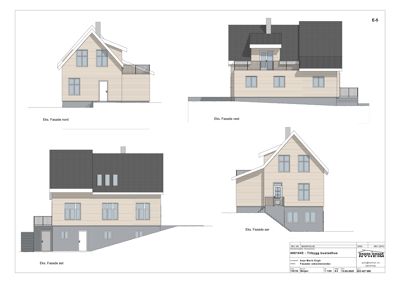 Fasadetegning som viser fire utsnitt av en bygning (nord, vest, øst og sør) med arkitektoniske detaljer.