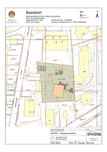 Situasjonsplan som viser tomtens plassering i forhold til nabolag, veier og eksisterende bygninger.